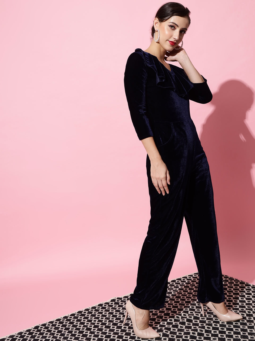 V-Neck Ruffles Details Basic Jumpsuit