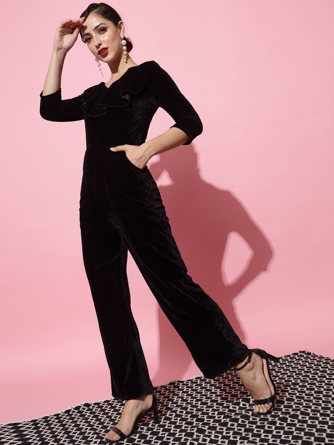 V-Neck Ruffles Details Basic Jumpsuit