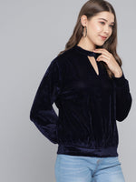 Keyhole Choker Neck Cuffed Sleeves Top Navy Blue