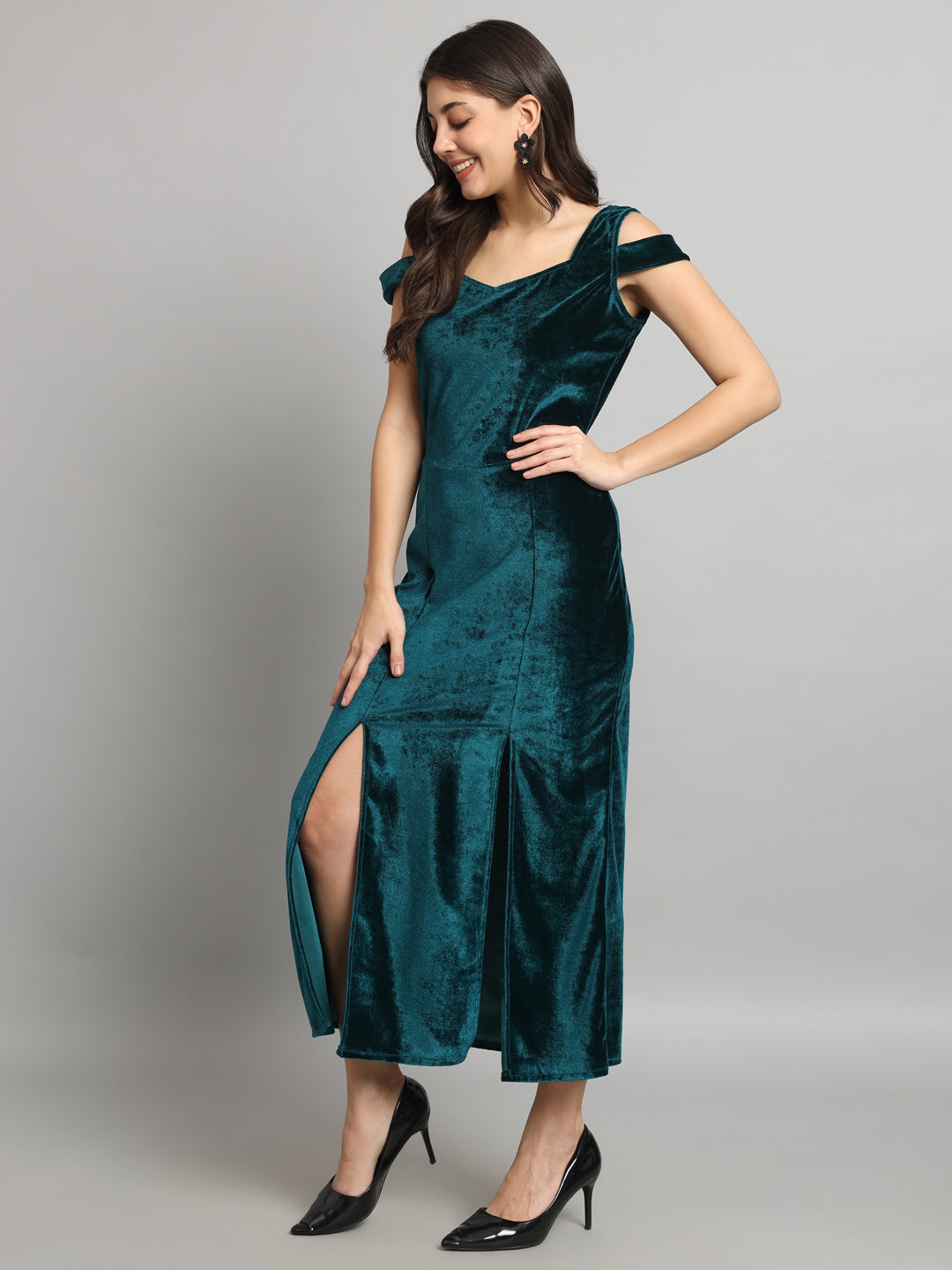 Maxi Style Cold Shoulder Bodycon Party Dress Rama Green