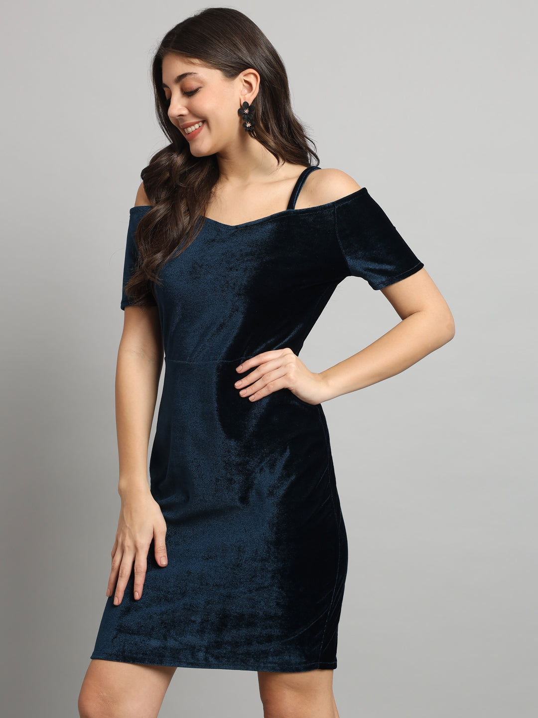 Short Sleeves Off-Shoulder Bodycon Party Women Peacock Blue