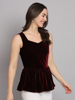 Waistline Ruffle Sleeveless Party Top Maroon