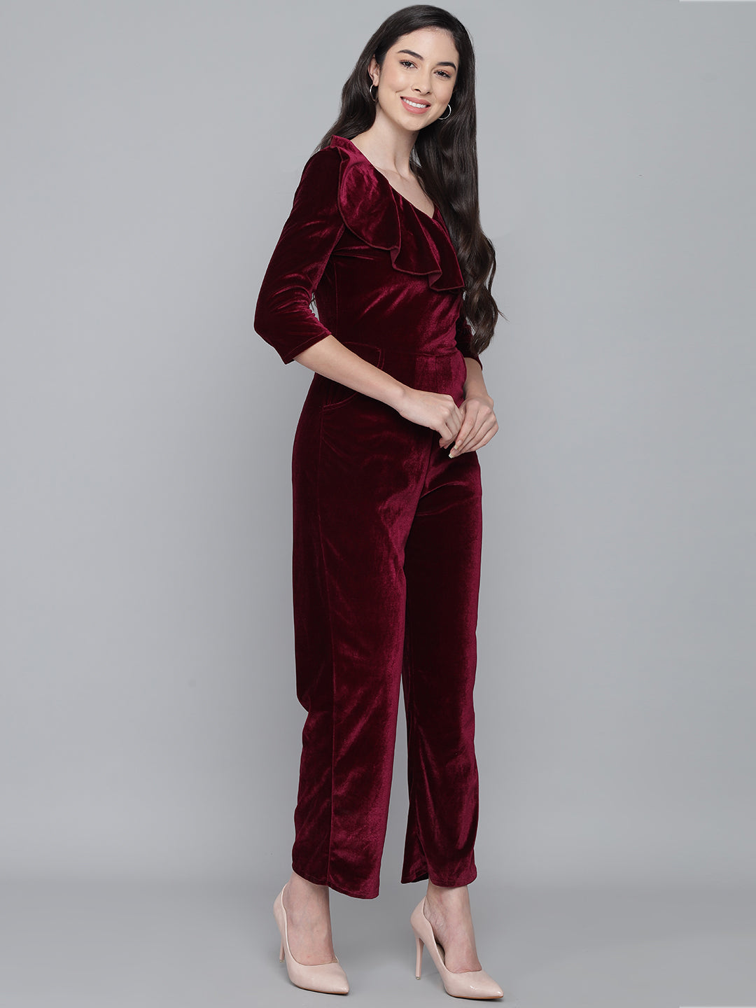 One Piece Half Sleeves Jumpsuit Wine