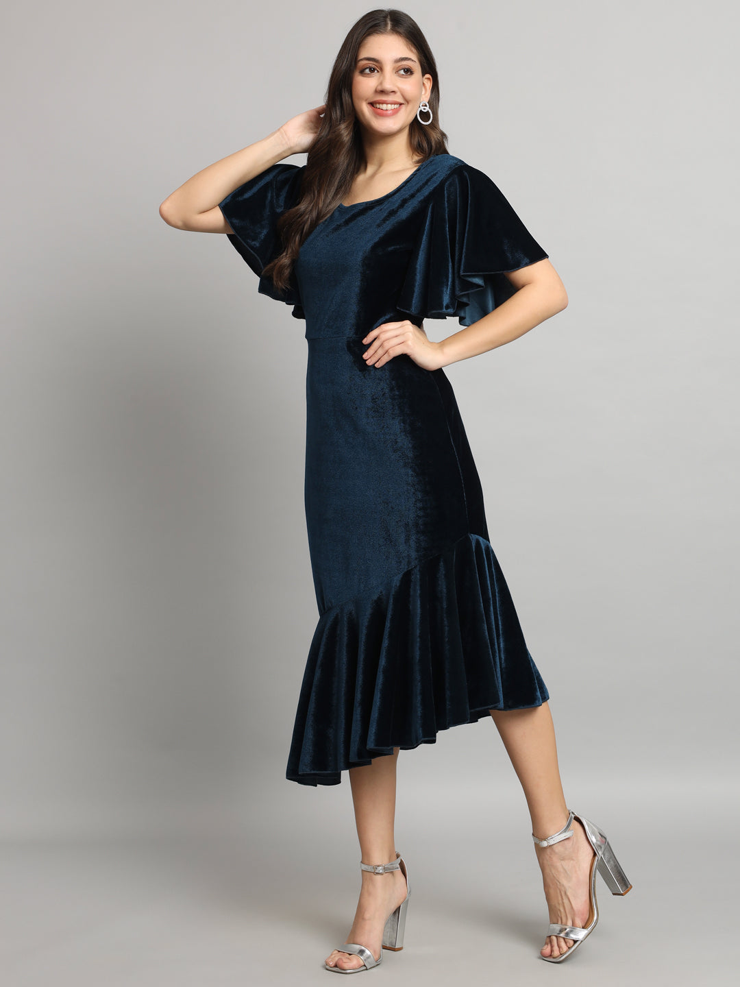 Velvet Fabric Fish Cut Ruffle Bottom Bodycon Party Midi Dress Peacock Blue