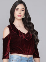 Cold Shoulder Sleeves Velvet Blouse Tops Maroon