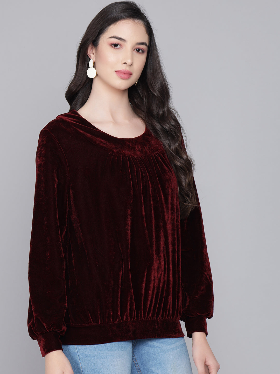 Round Neck Puff Sleeves Blouson Top Maroon