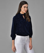 Keyhole Choker Neck Cuffed Sleeves Top Dark Blue