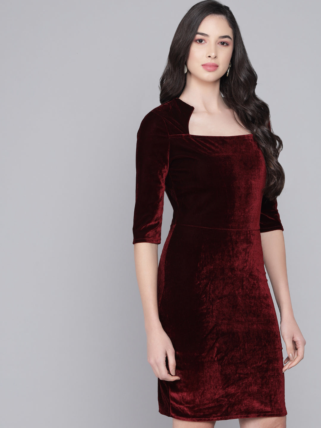 One Piece Bodycon Velvet Party Dress Maroon