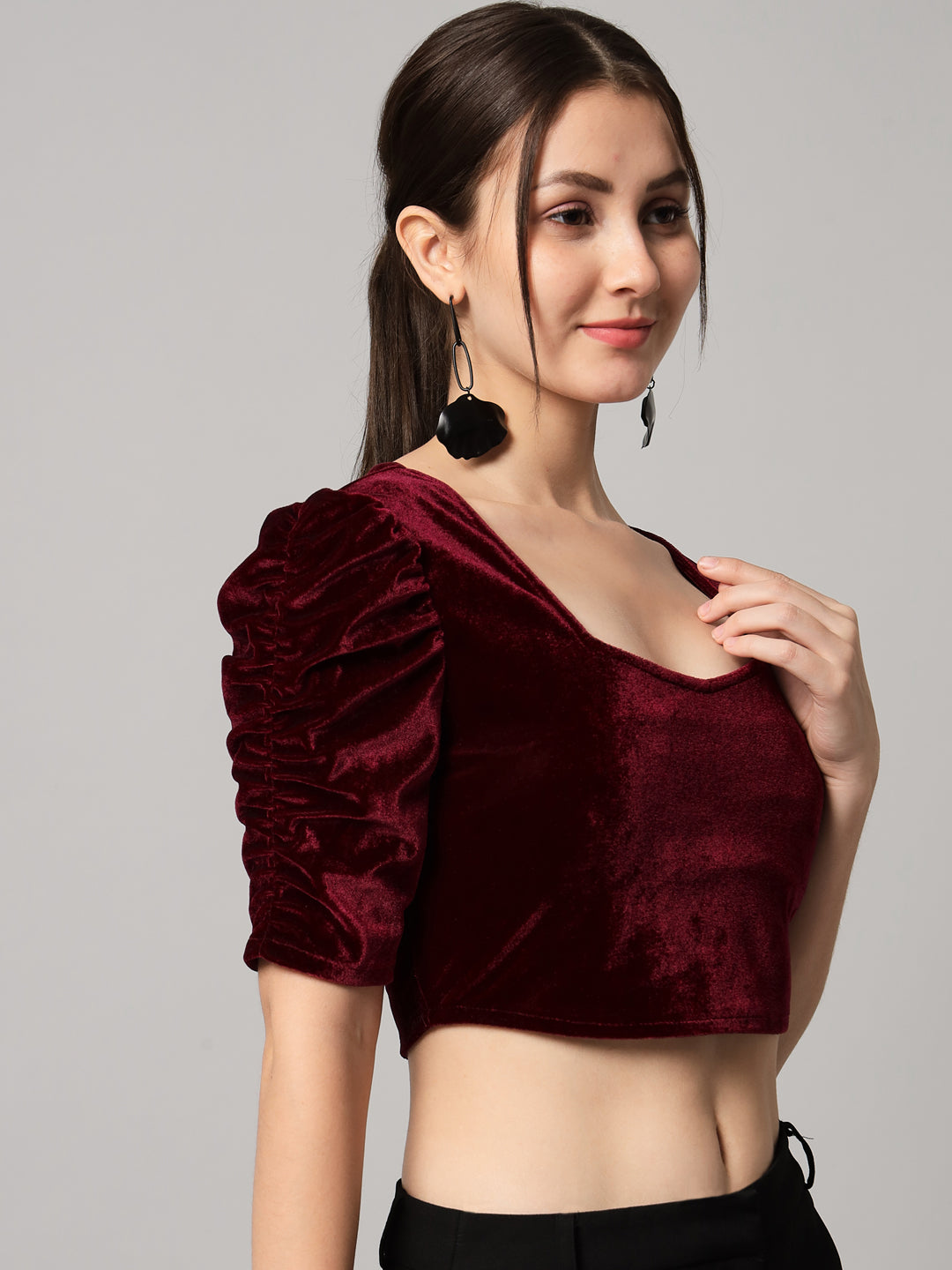 Puff Sleeves Velvet Blouse Tops Maroon