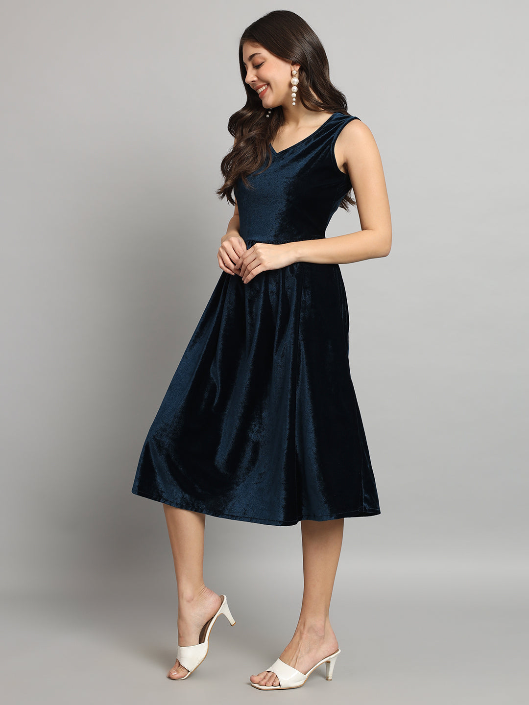 A-Line Velvet V-Neck Tops Sleeveless Party Dress Peacock Blue