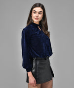 Keyhole Choker Neck Cuffed Sleeves Top Navy Blue