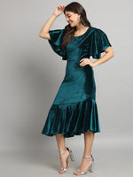 Ruffle Sleeves Fish Cut Velvet Party Dress Rama Green