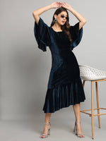 Ruffle Sleeves Fish Cut Velvet Party Dress Peacock Blue