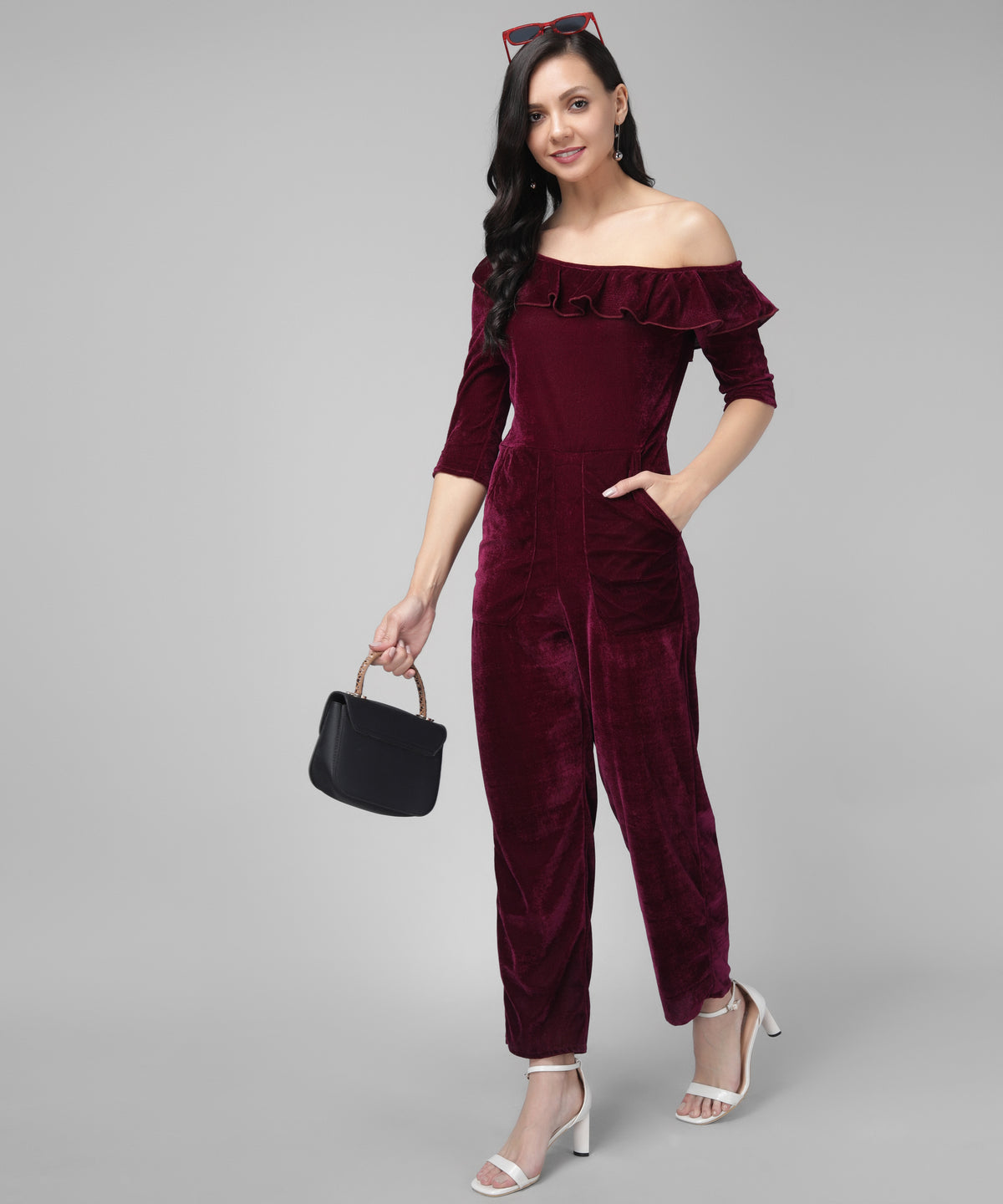 Ruffle Details One Piece One Shoulder Basic Jumpsuit Wine