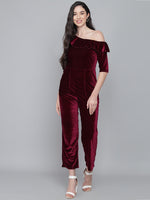 Ruffle Details One Piece One Shoulder Basic Jumpsuit Red Wine