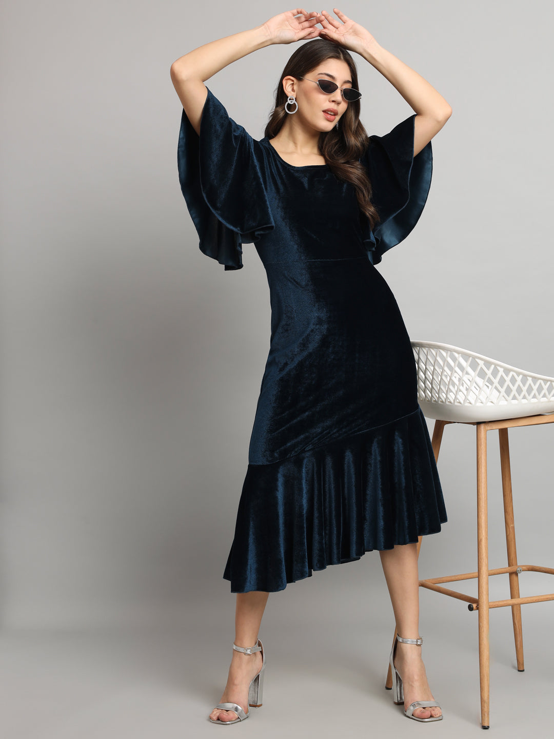 Velvet Fabric Fish Cut Ruffle Bottom Bodycon Party Midi Dress Peacock Blue