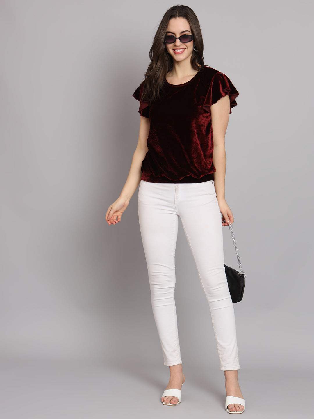 Short Sleeves Ruffles Stylish Party Top Maroon