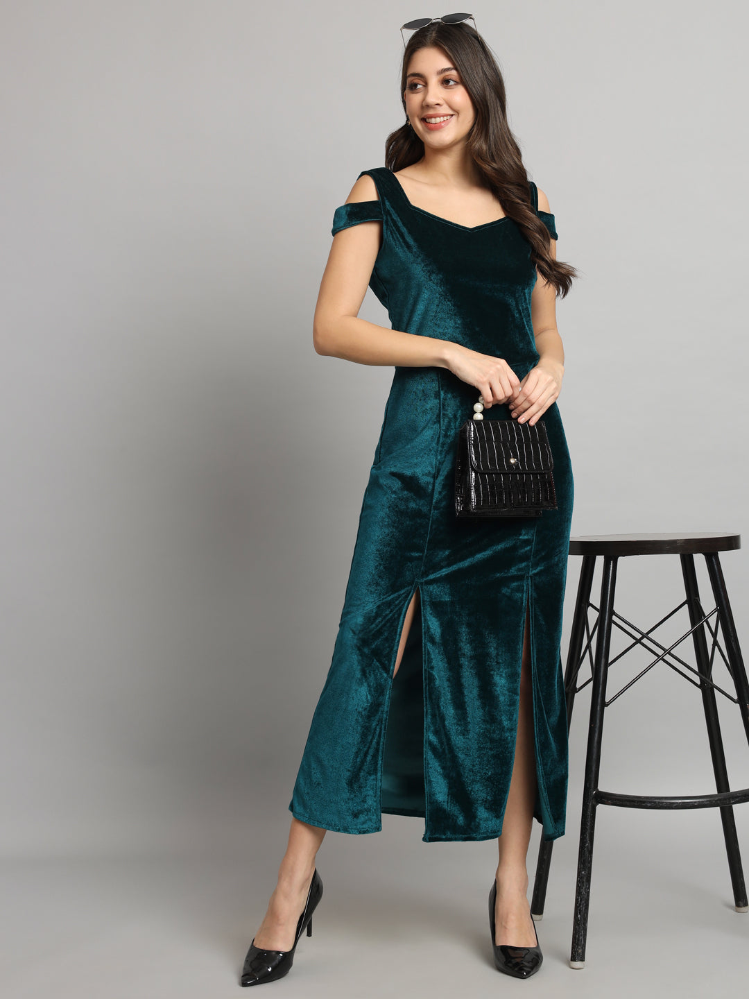 Maxi Style Cold Shoulder Bodycon Party Dress Rama Green