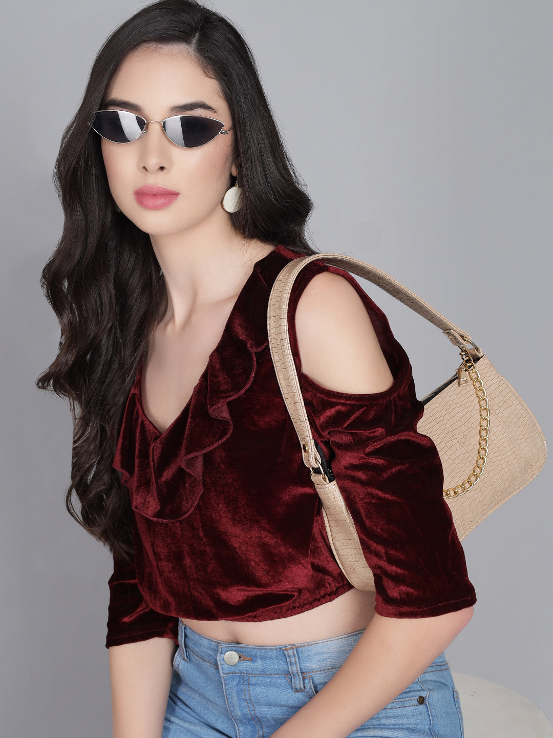 Cold Shoulder Sleeves Velvet Blouse Tops Maroon