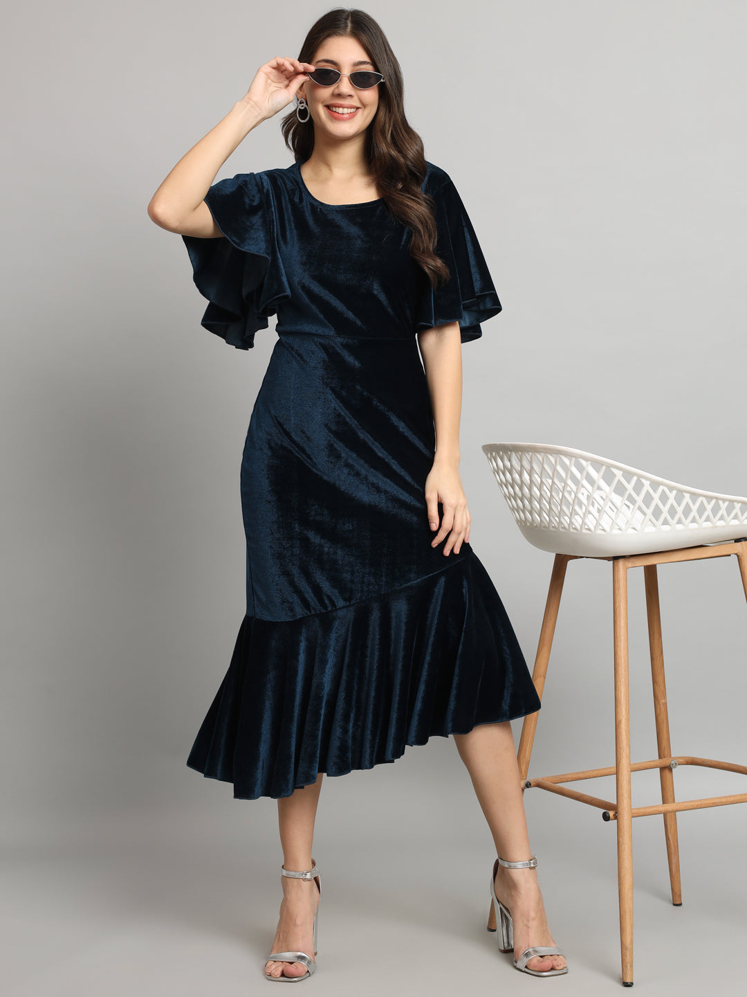 Velvet Fabric Fish Cut Ruffle Bottom Bodycon Party Midi Dress Peacock Blue