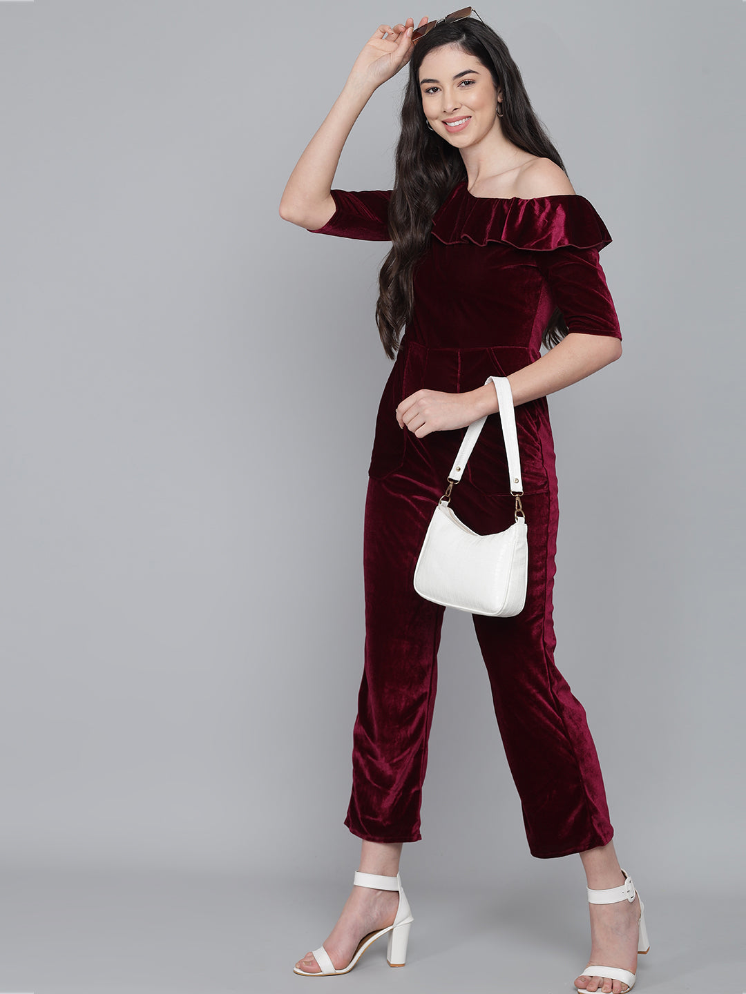 Ruffle Details One Piece One Shoulder Basic Jumpsuit Red Wine