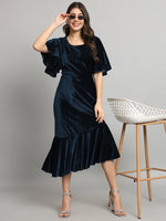 Ruffle Sleeves Fish Cut Velvet Party Dress Peacock Blue