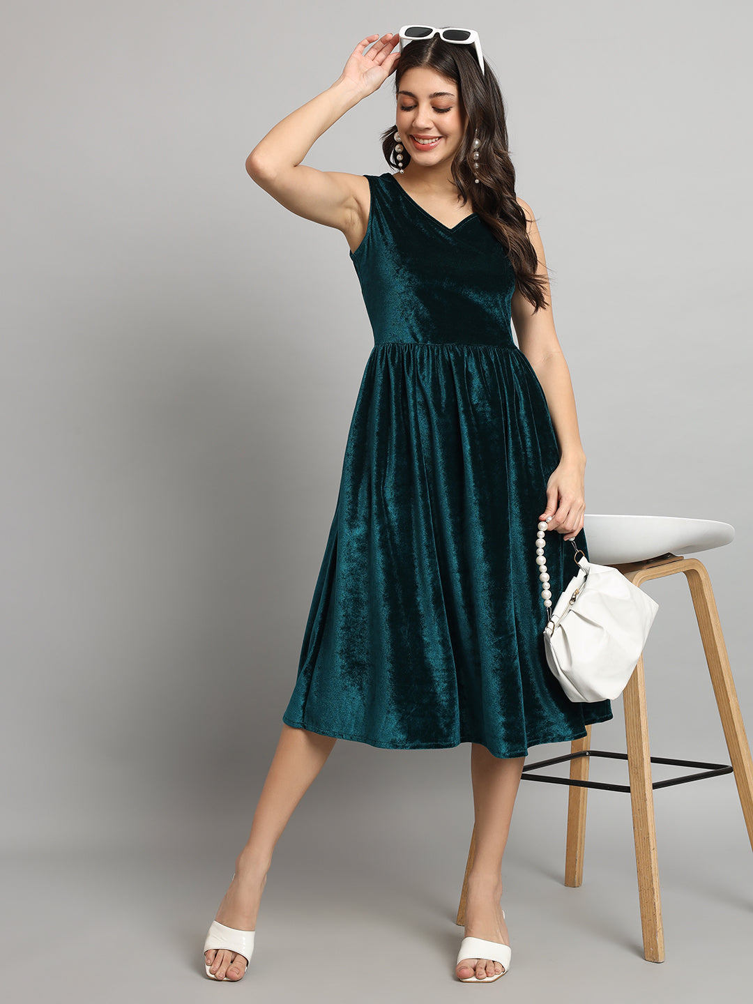 A-Line Velvet V-Neck Tops Sleeveless Party Dress Rama Green