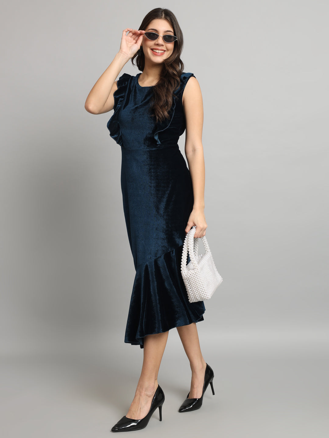 A-Line Ruffle Bottom Sleeveless Party Dress Peacock Blue