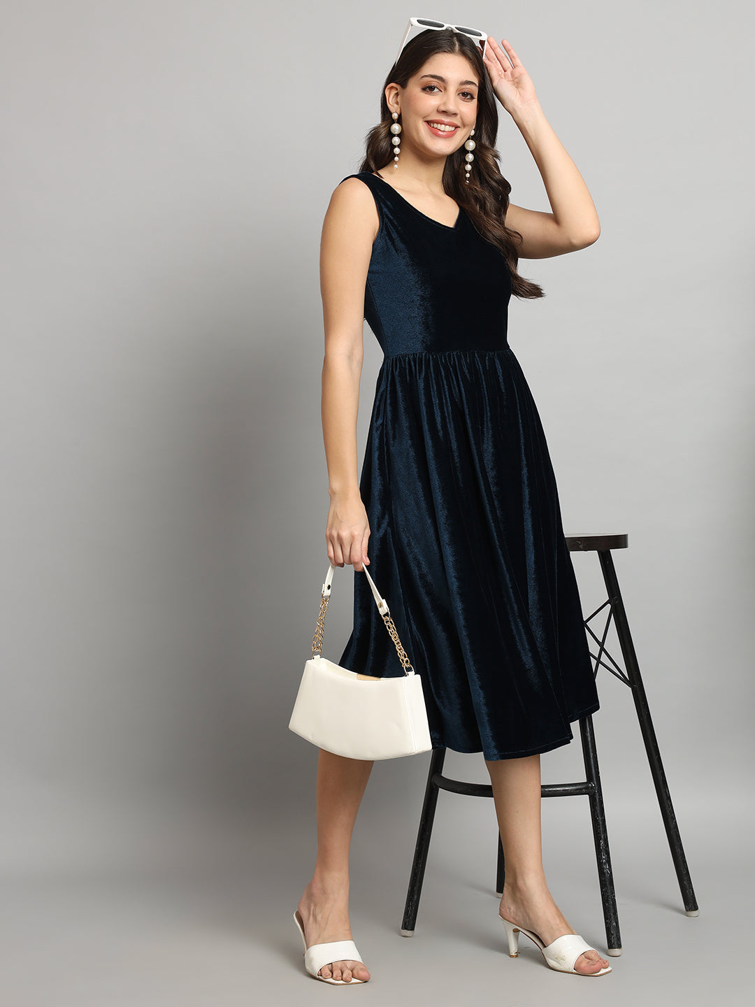 A-Line Velvet V-Neck Tops Sleeveless Party Dress Peacock Blue