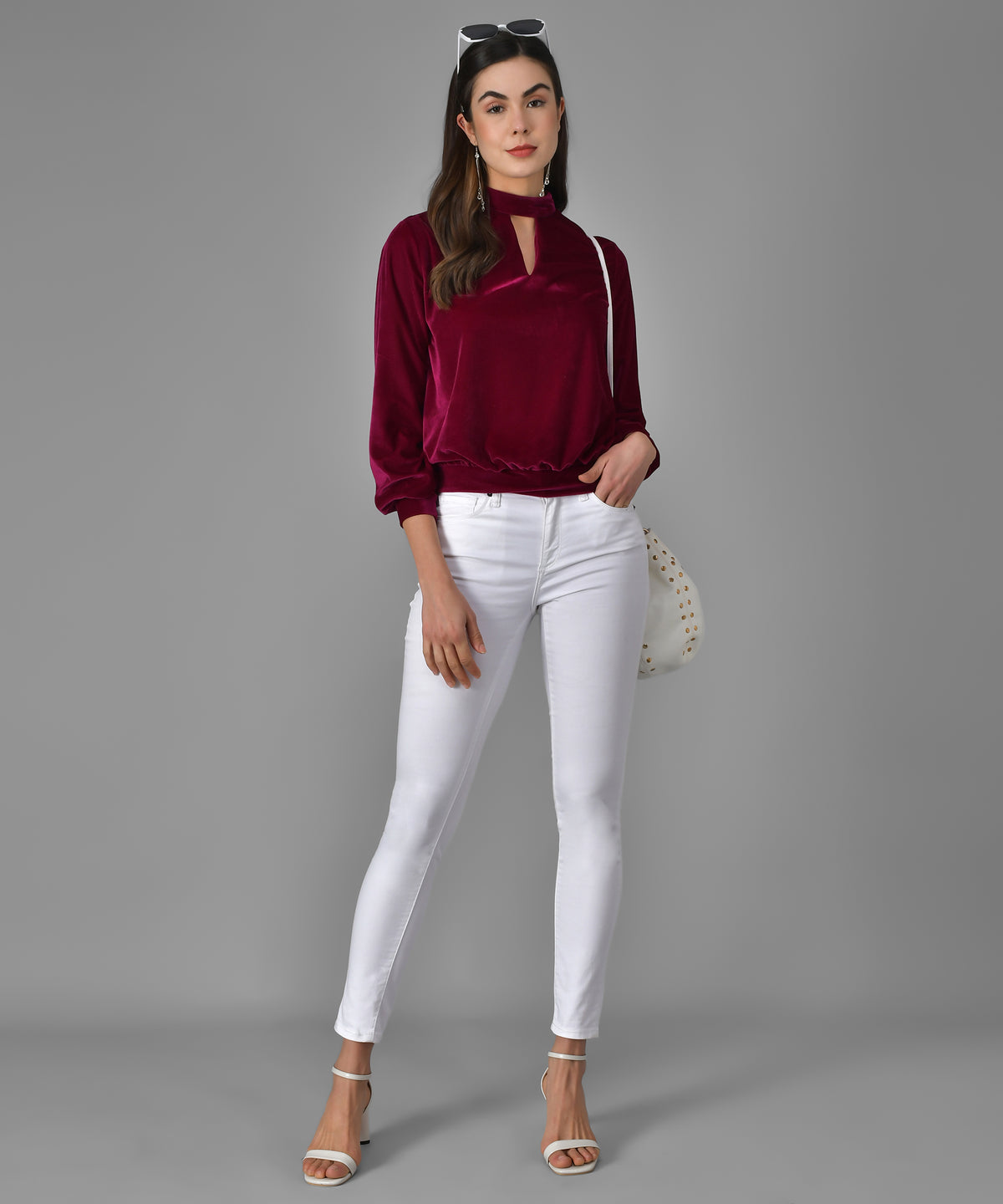 Keyhole Choker Neck Cuffed Sleeves Top Red Wine