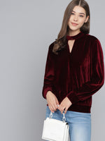 Keyhole Choker Neck Cuffed Sleeves Top Dark Maroon