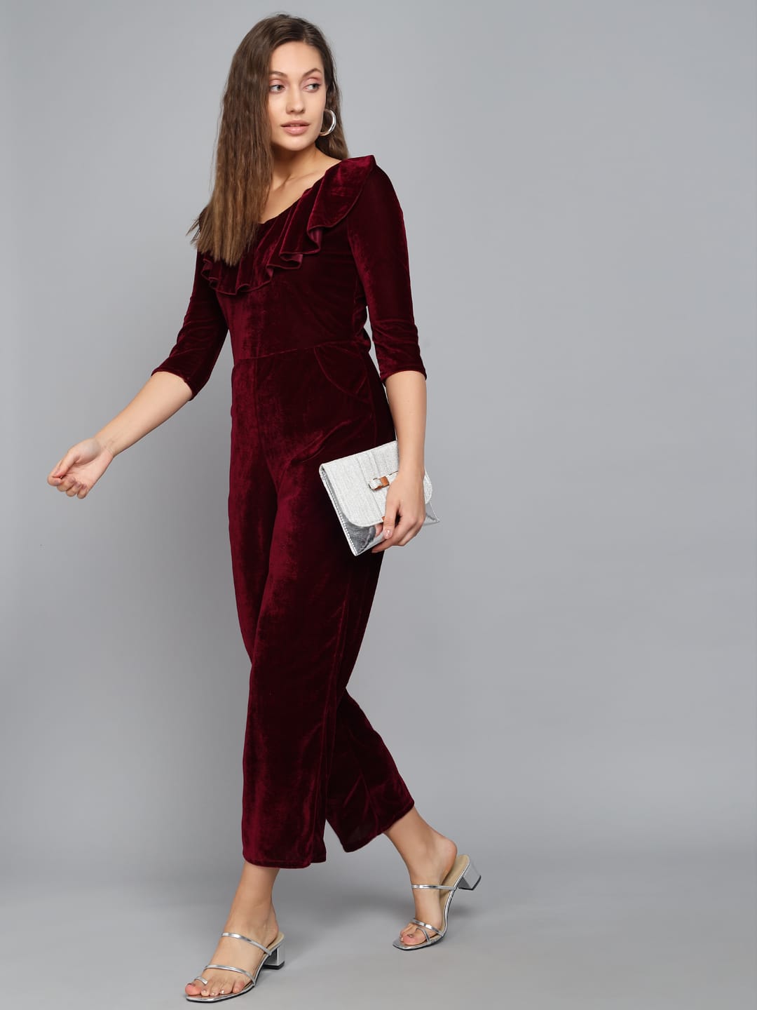 One Piece Half Sleeves Jumpsuit Dark Wine