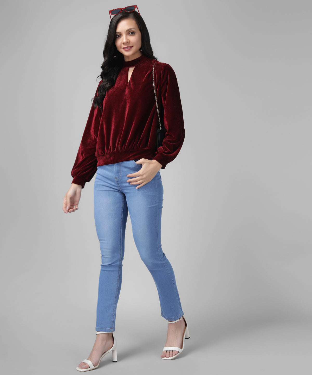 Keyhole Choker Neck Cuffed Sleeves Top Maroon