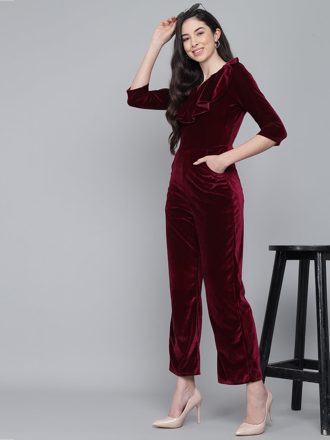 One Piece Half Sleeves Jumpsuit Wine