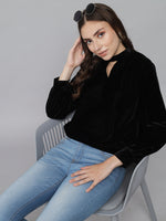 Keyhole Choker Neck Cuffed Sleeves Top Black