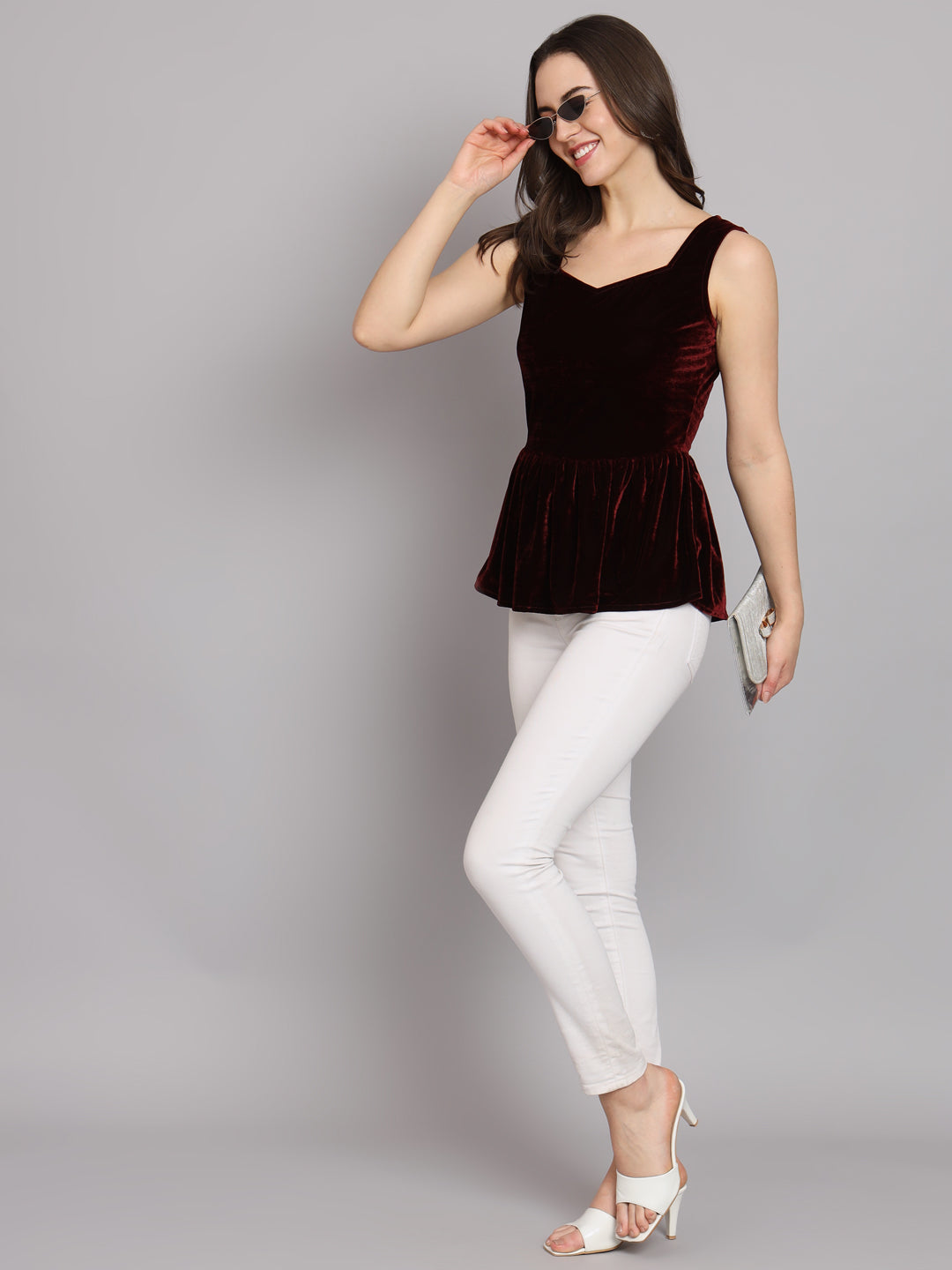 Waistline Ruffle Sleeveless Party Top Maroon