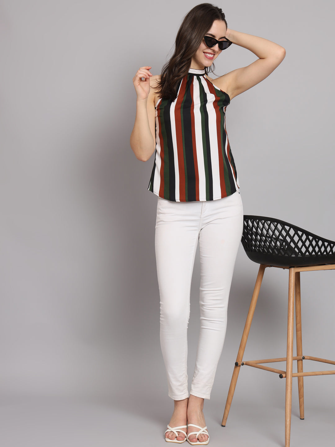 Crepe Multi Color Stripes Sleeveless Top