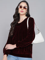 Round Neck Puff Sleeves Blouson Top Maroon