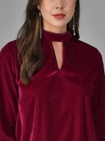 Keyhole Choker Neck Cuffed Sleeves Top Red Wine