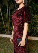 Wine Burgundy Crush Velvet Flared Midi Dress