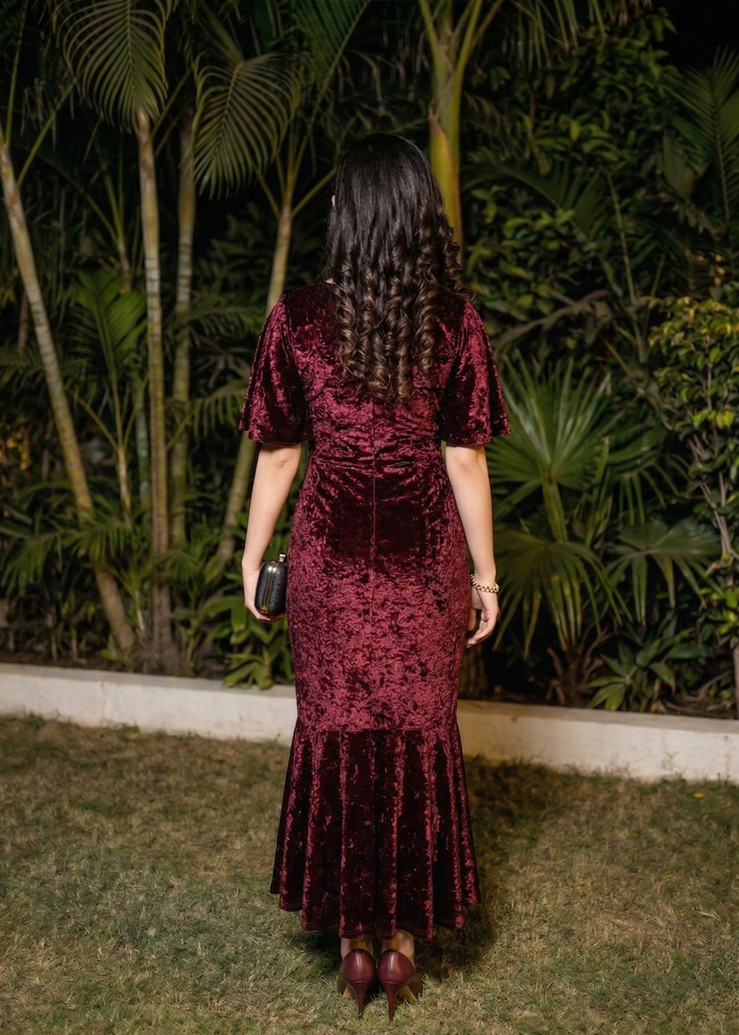 Wine Burgundy Crush Velvet Flared Midi Dress