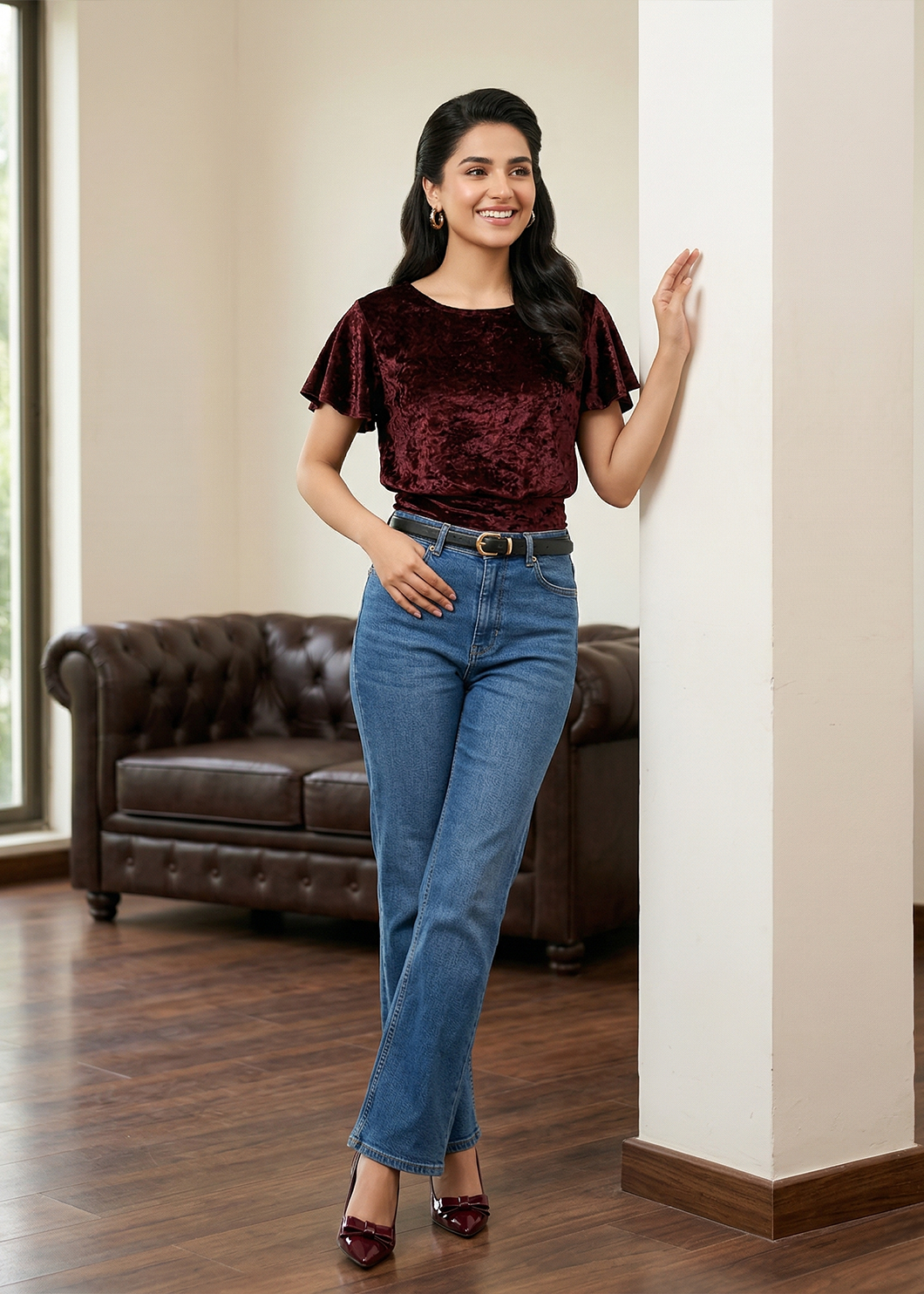 Burgundy Crush Velvet Flared Sleeve Top