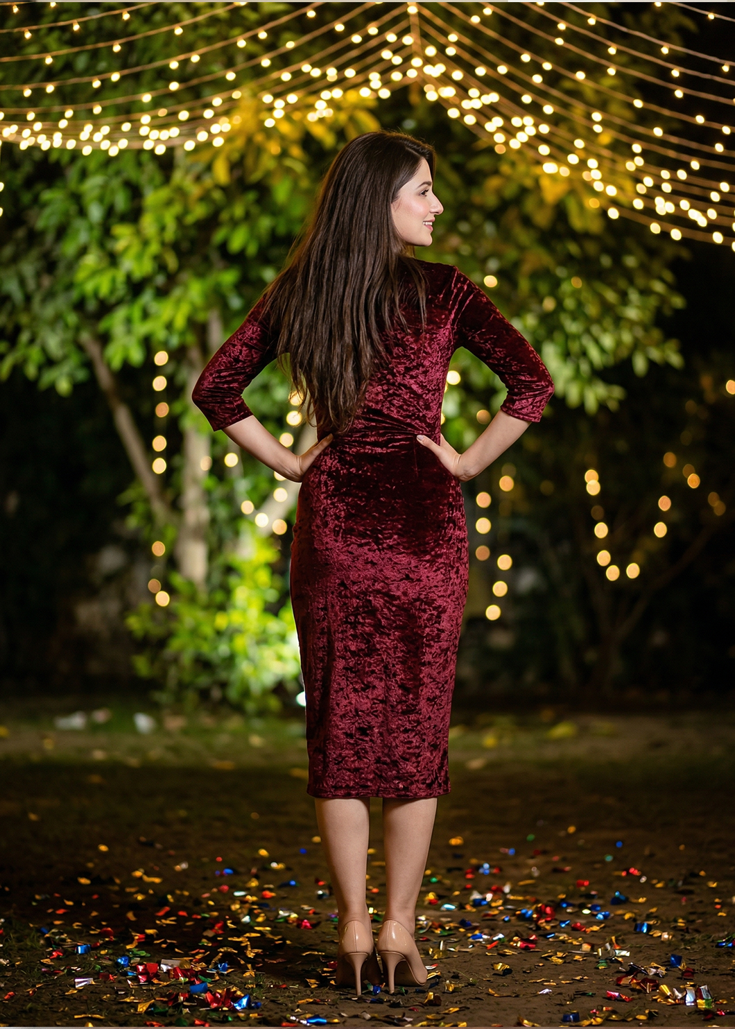 Burgundy Crush Velvet Ruffle Detail Bodycon Midi Dress