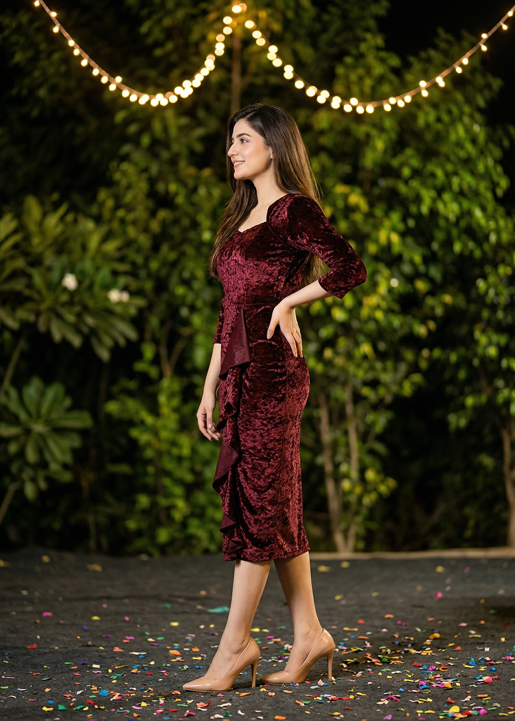 Burgundy Crush Velvet Ruffle Detail Bodycon Midi Dress