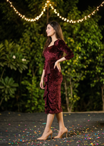 Burgundy Crush Velvet Ruffle Detail Bodycon Midi Dress