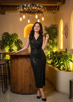 Black Metallic Embossed Bodycon Midi Dress with Wrap Neck