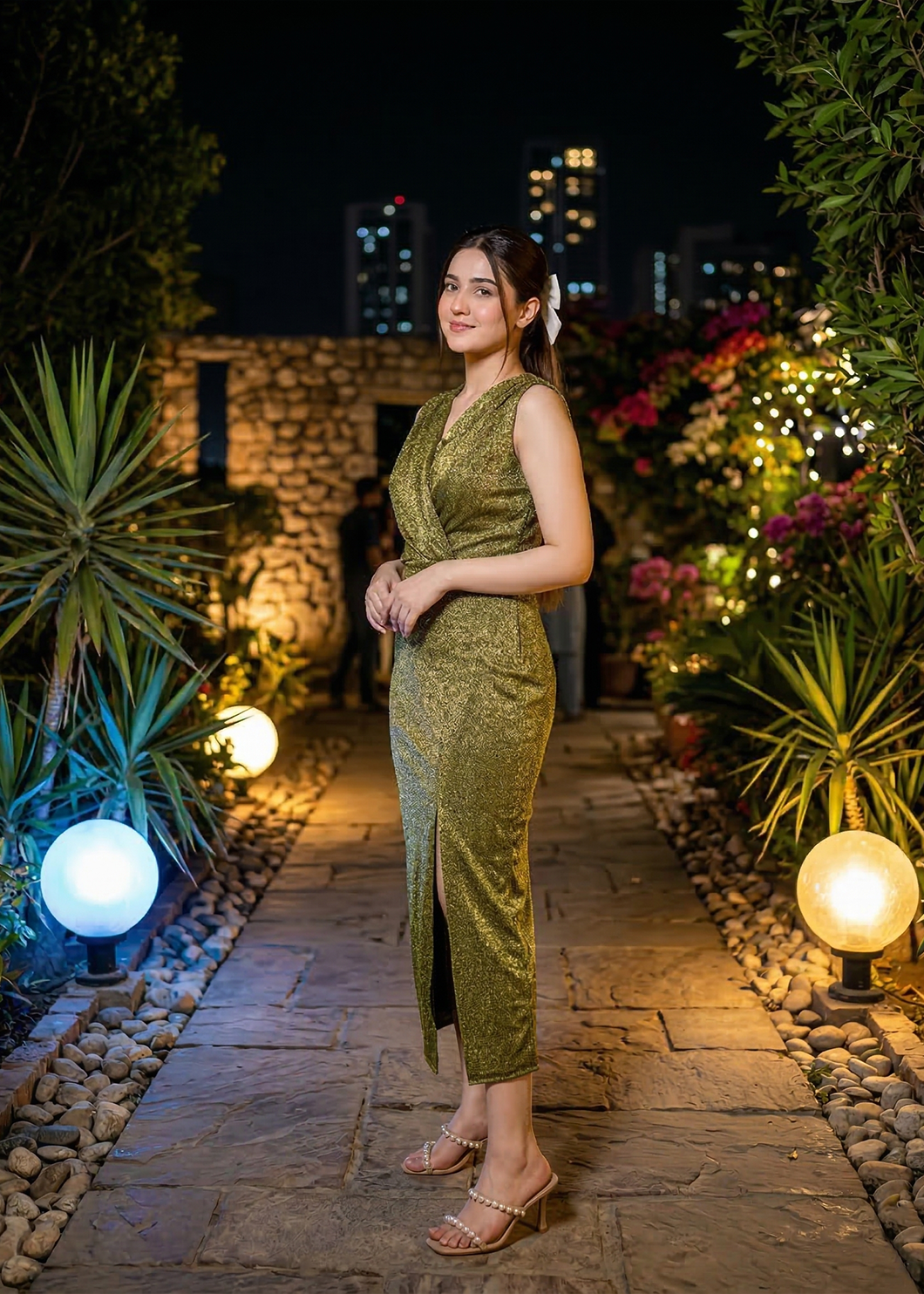 Olive Metallic Embossed Bodycon Midi Dress with Side Slit