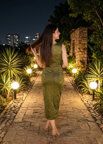 Olive Metallic Embossed Bodycon Midi Dress with Side Slit